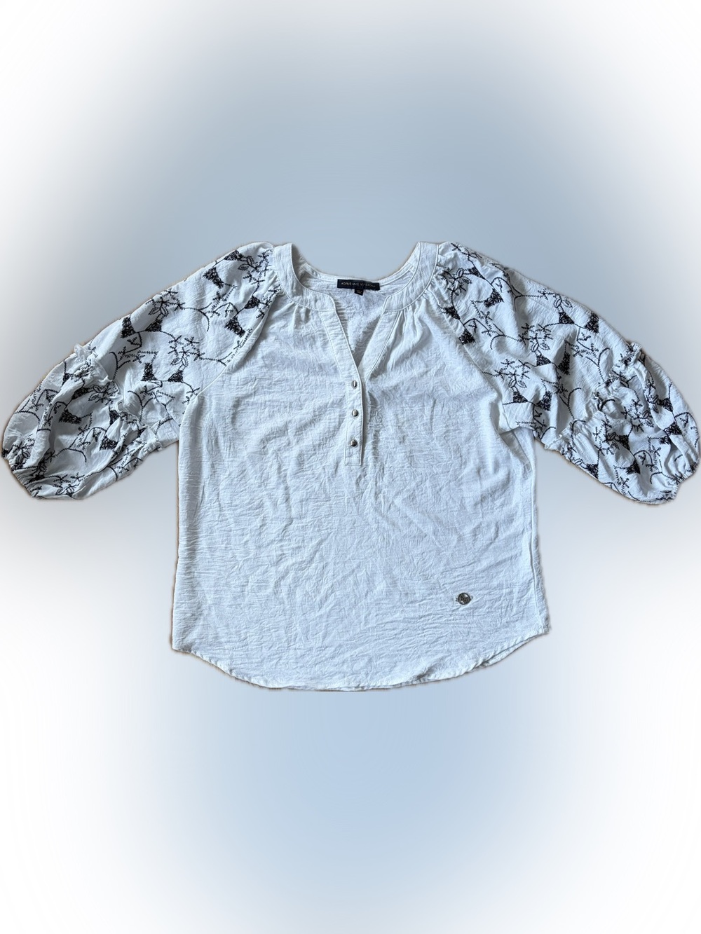 Adrienne Vittadini White Henley Top with Black Floral Embroidered Puff Sleeves